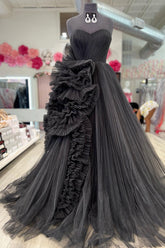 Black Sweetheart Prom Dress A-Line Long Tulle Evening Dress with Ruffles